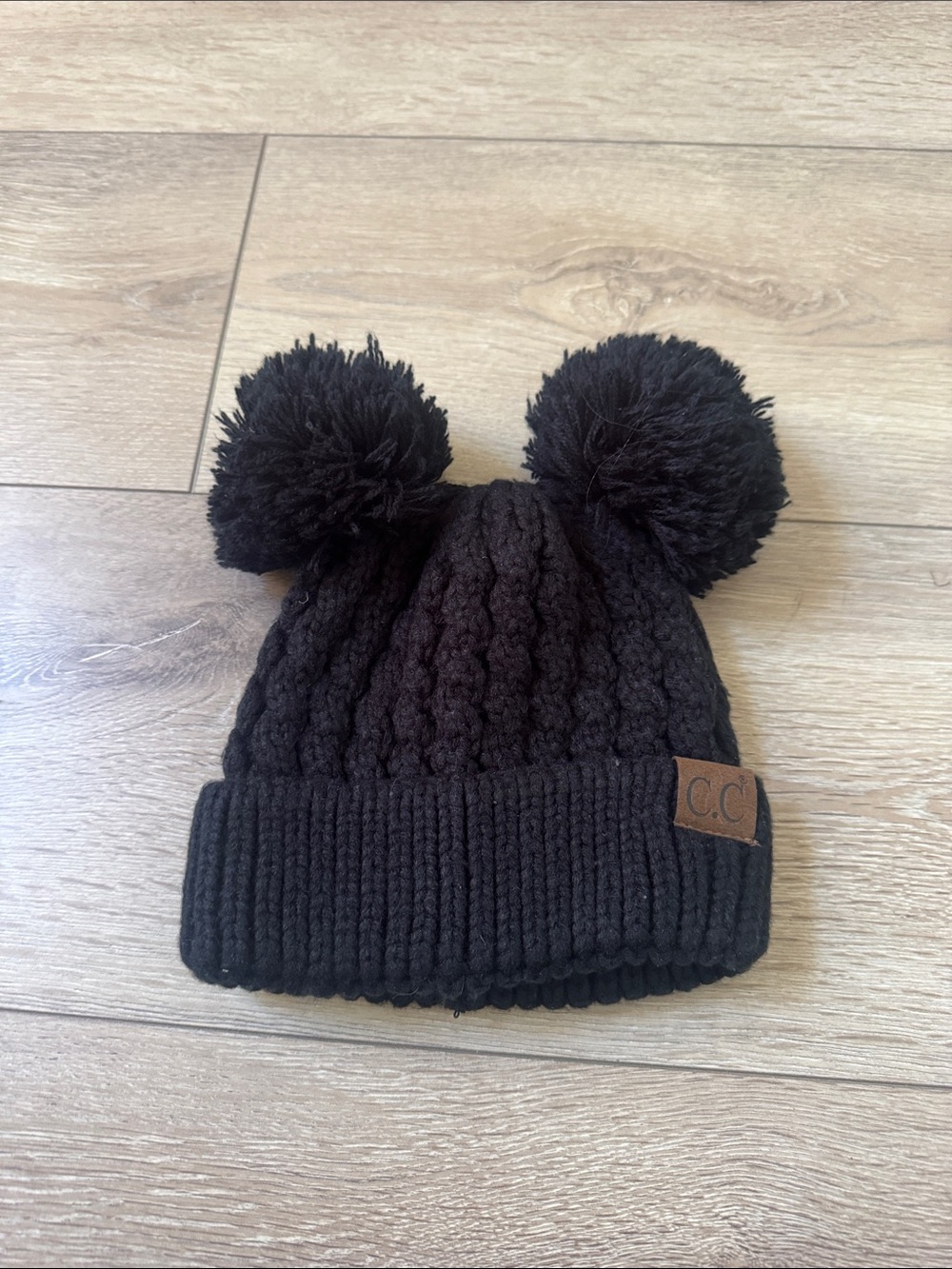 C.C Kids Black Double Pom Cable Beanie